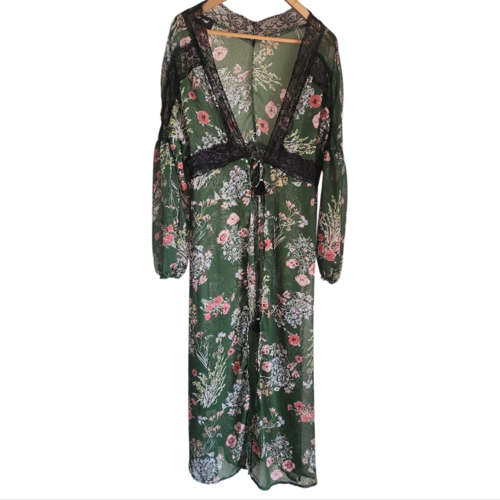 Wet Seal‎ Green Chiffon And Lace Tasseled Floral Dress/kimono Sz L